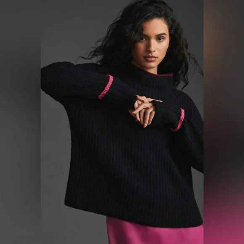 NWT Anthropologie Maeve Mock Neck Color Tipped Sweater Ribbed Knit Black Pink S